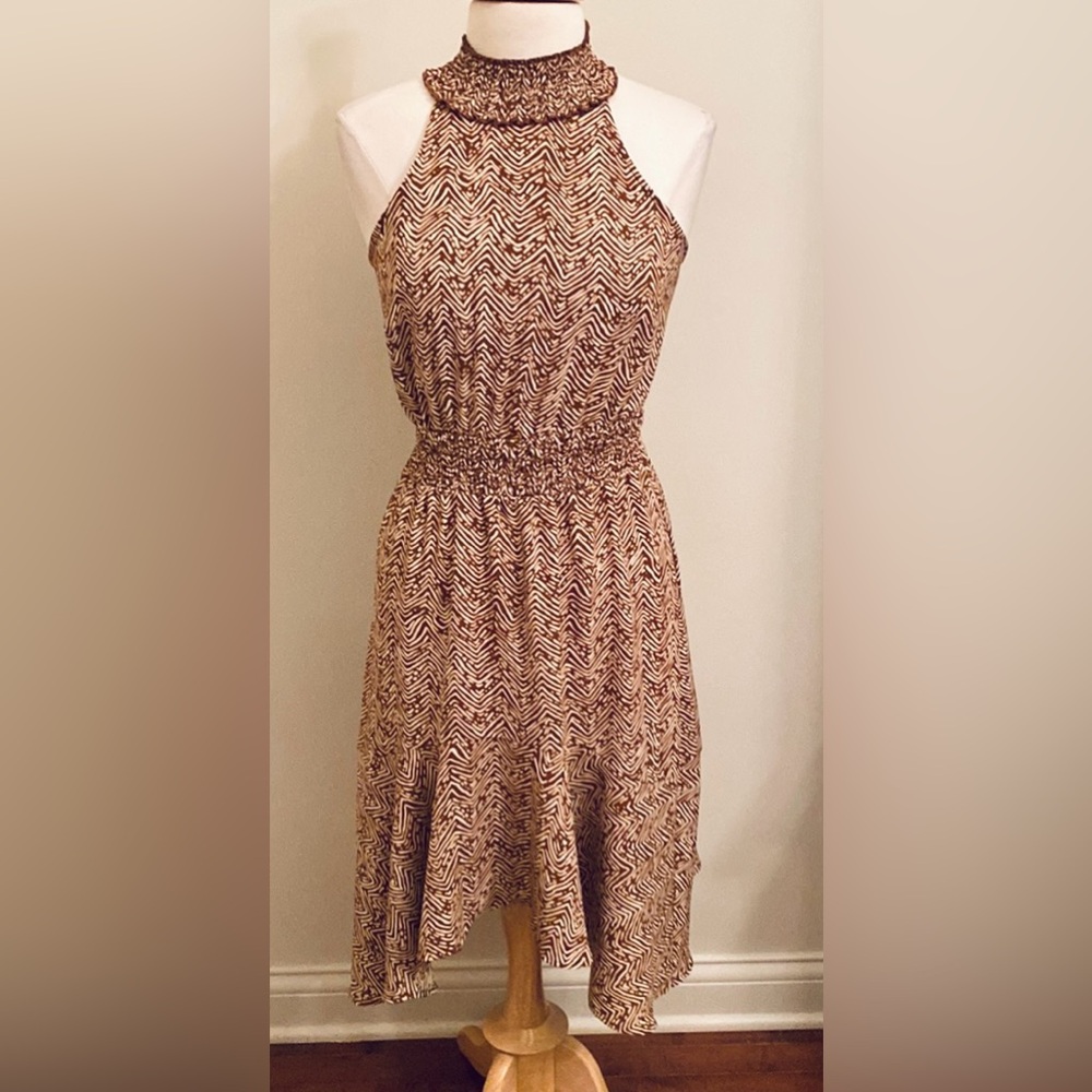 Maurices Brown Cream SZ XS Earthy Boho Chic Retro Smocked Sharkbite Hem Dress